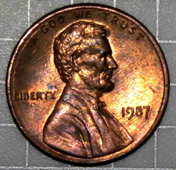 1987-P-Lincoln-Memorial-Cent-Struck-Through-Wire-Brush-Bristle-Not-PSD!